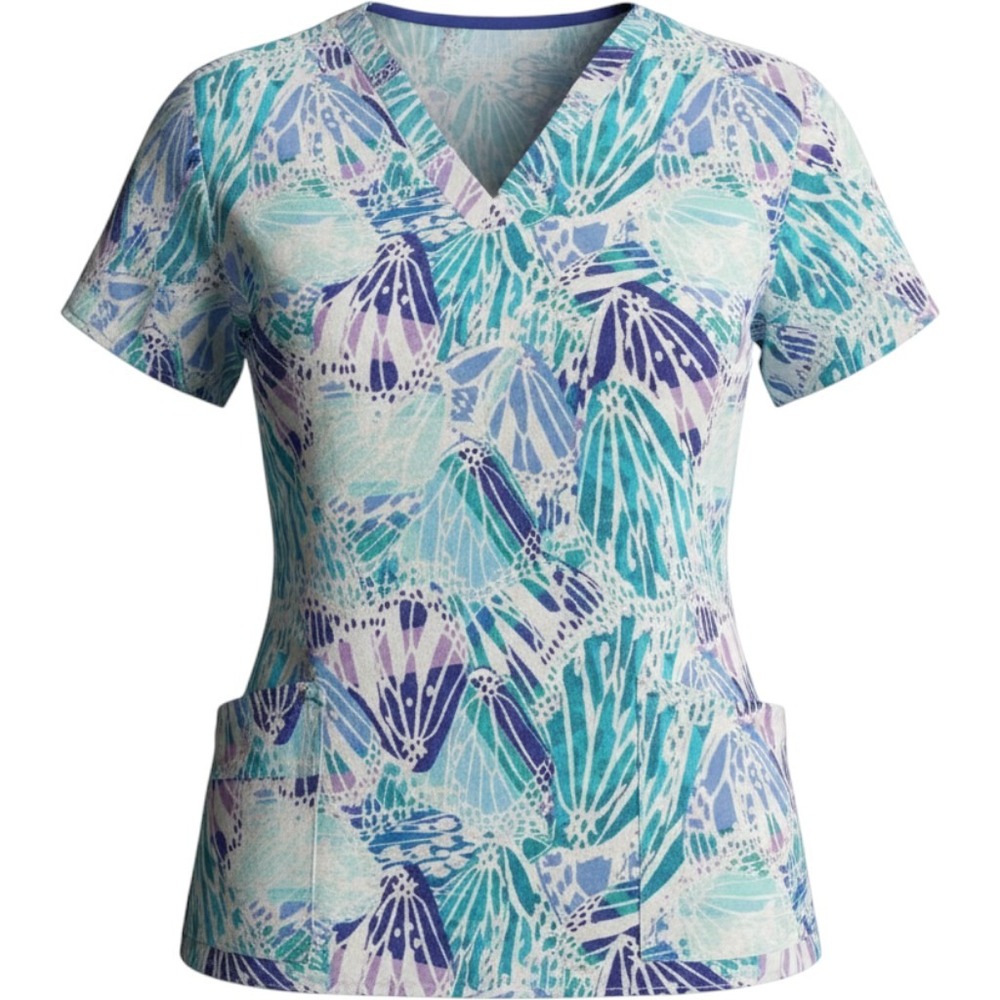 Carhartt Scrub Top Womens XL Blue Butterfly Print V-Neck Pockets utility
